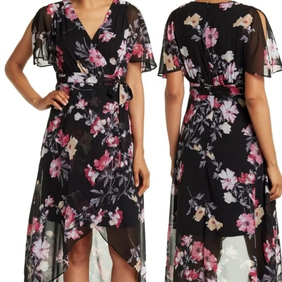NWT Eliza J Black Floral Chiffon High Low V Neck Dress, faux wrap, split sleeve - Picture 4 of 11